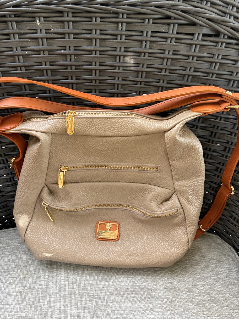 Valentina Taupe Leather Crossbody Bag with Tan Strap. Like New. Convertible to b